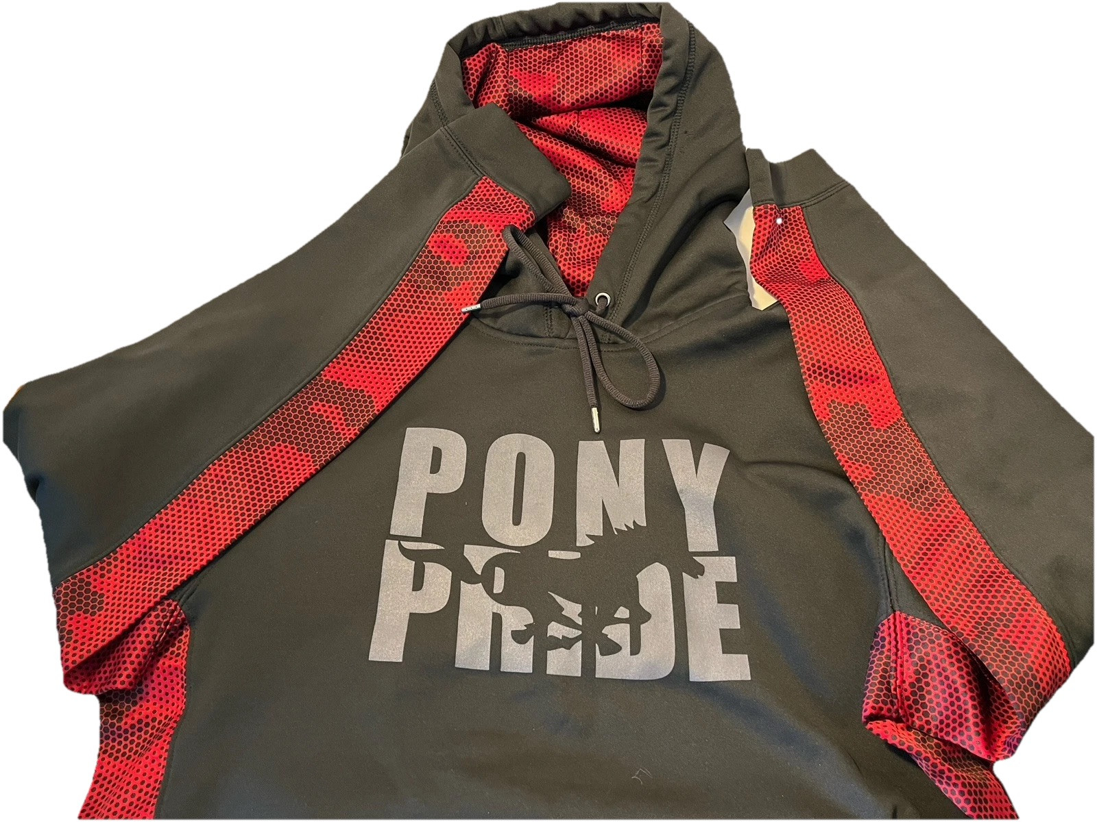Felpa con cappuccio Sport Tech nera con accenti rossi Pony Pride petto 44” lunghezza 25”