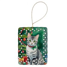 American Shorthair Cat By the Christmas Tree Porcelain Ornament DAC7191CO2