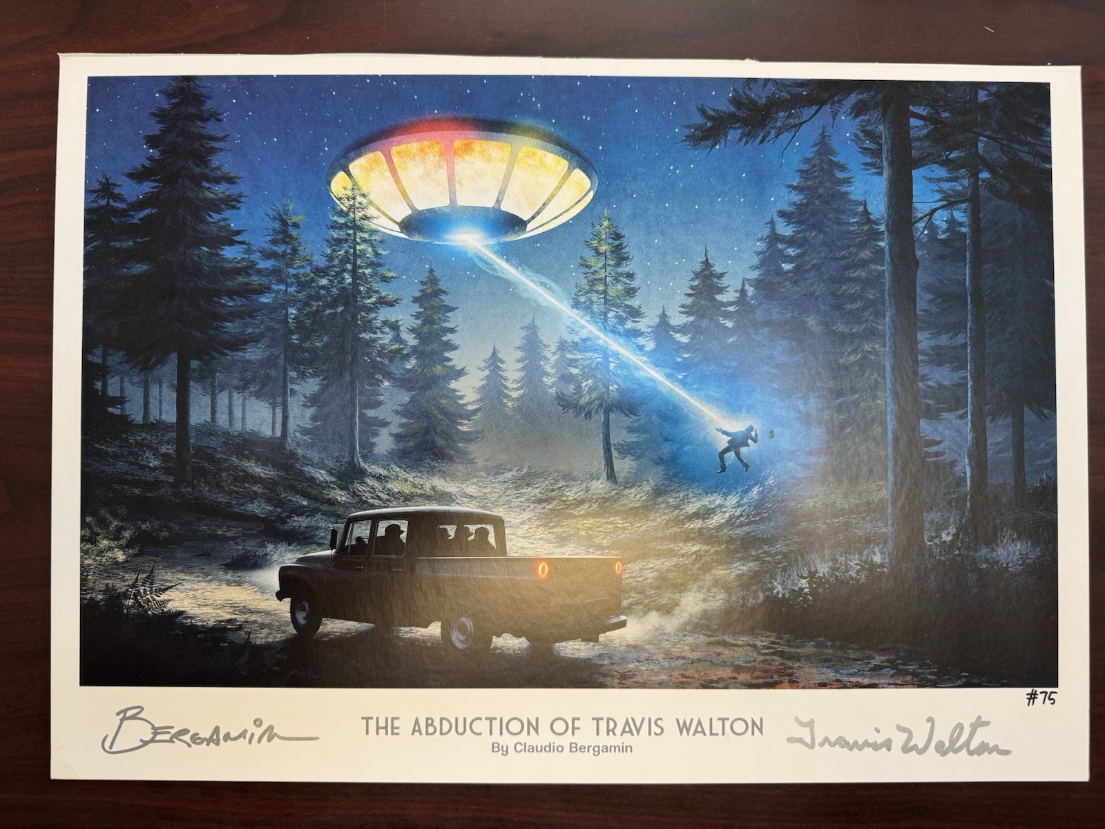 Impresión firmada por Travis Walton OVNI en el cielo artista Claudio Bergamin #75 HALLAZGO RARO