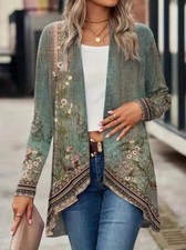 Women Floral Print Open Front Cardigan Casual Dipped Hem Long Sleeve Cardigan