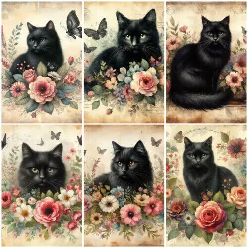 SCHWARZE KATZE UND BLUMEN Kartenherstellung Kartenaufleger Sammelalbum Etiketten Papier Handwerk - Bild 1 von 1