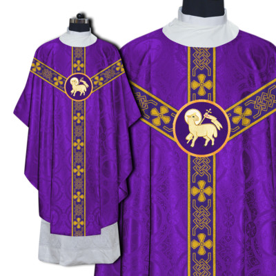Violet Priest Gothic Chasuble with Designer Orphrey   Liturgical Vestment Set