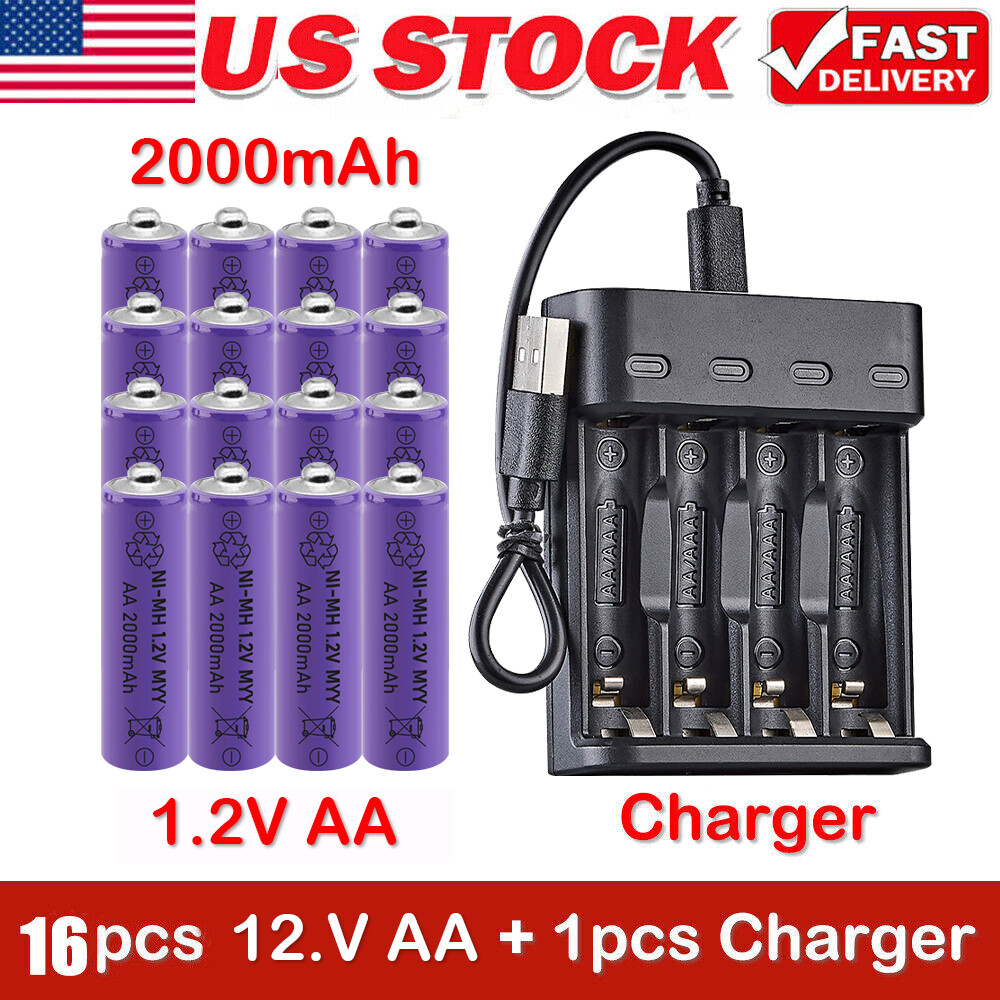 AA AAA 2000mAh Rechargeable Batteries with Charger Brand New US Lot-image