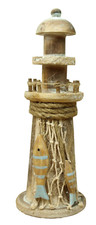 Holz Leuchtturm Treibholz mit 2 Fischen & Netz 21,5 x 8 cm maritime Deko (CG)