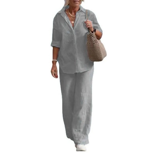 Women's Cotton Linen Suit Sleeve Shirt Long Loose Pants Set Female Casual Sets - Picture 6 of 32