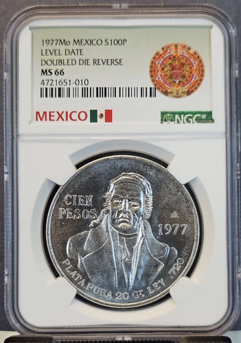 1977 MEXICO SILVER 100 PESOS S100P DOUBLED DIE REVERSE NGC MS 66 RARE GEM BU