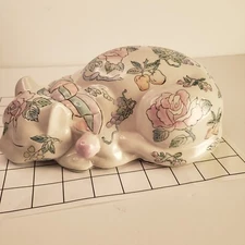MCM Hand-Painted Chinoiseries Ceramic Sleeping  Lucky Cat Figurine Pastel by WBI