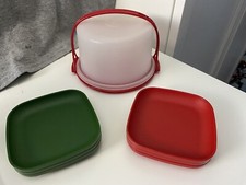 Tupperware Toy 3 Piece Red Cake Holder Carrier 1498-5 Red Green 6 Plates 1502