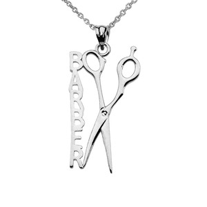 14k Solid White Gold BARBER Scissors Hairstylist Pendant Necklace