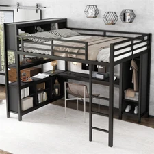 Queen Size Metal Loft Bed with Desk,Wardrobe & Storage Shelves for Teens Adults