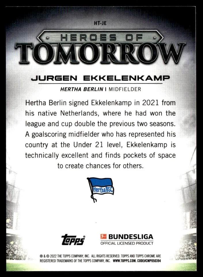 2021 Topps Chrome Bundesliga Heroes of Tomorrow Jurgen Ekkelenkamp Hertha BSC - Image 2 of 2