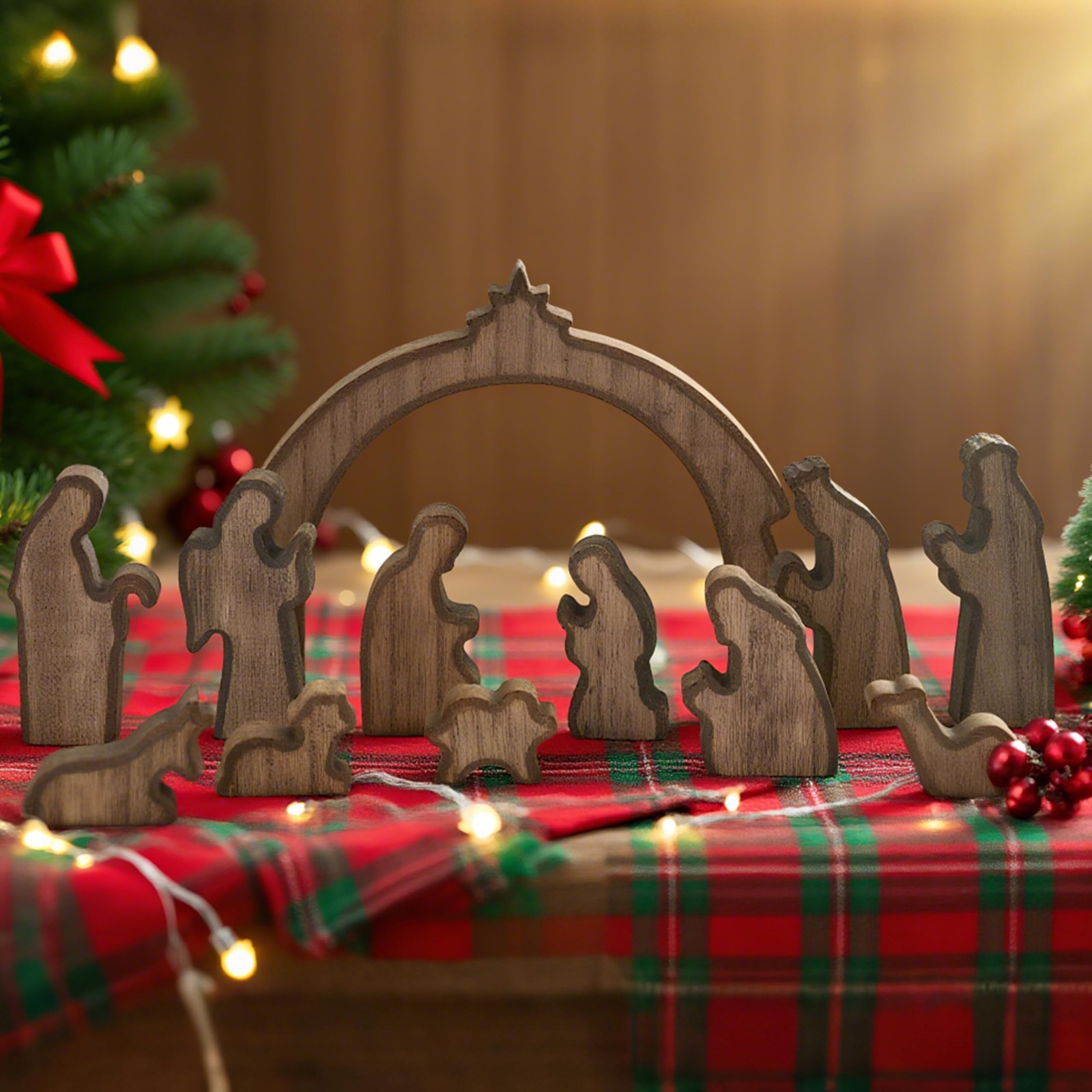 Indoor Christmas Nativity Set 12pcs Wooden Manger Rustic Mini Figurines