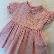 Vintage 1950s Pink Baby Dress Collar Lace Trim Puff Sleeve Pin Tucks 9-12M