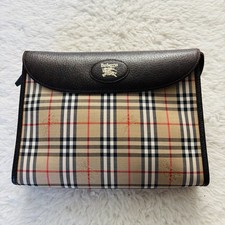 Burberrys Vintage Brown Leather Nova Check Canvas Unisex Clutch Bag 9.5  x7,5  x2  