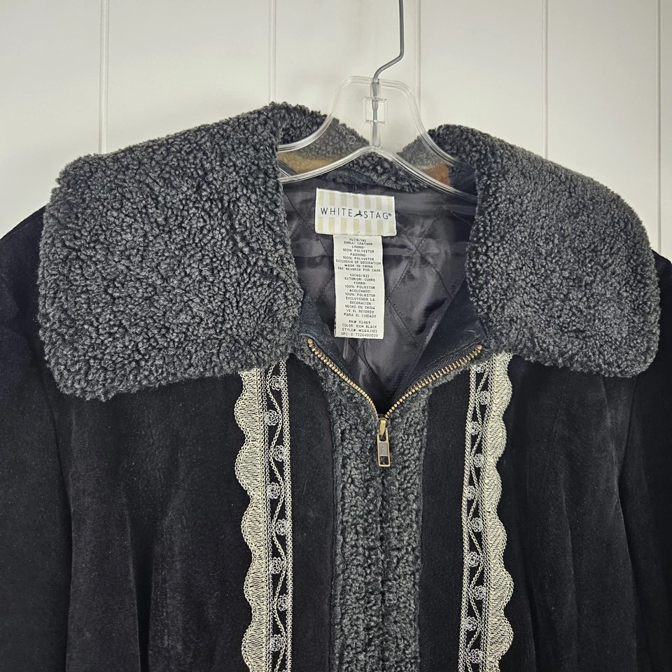 Chaqueta de Gamuza Negra Y2k Para Mujer XL Bordada Boho Hippie Cuero Pesado con Cremallera Foto 3 de 4