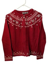 Croft  Barrow Women  s Red Snowflake Zip Up Cardigan Holiday Knit Sweater Sz S