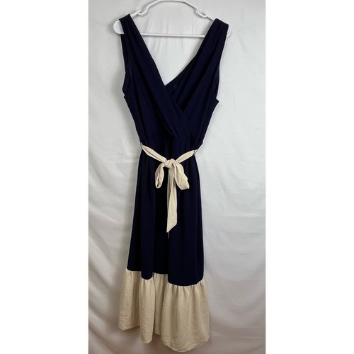 NWT DKNY Women's Size 14 Blue/White Color-block Belted Sleeveless Midi Dress