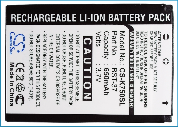 Batteria Ricaricabile 650mAh Li-ion Per Sony Ericsson K610i, K510i, W800i, Z520i E Molti Altri - Modello BST-37 - 5