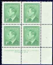 CANADA SC#284 KING GEORGE VI 1949 1¢ GREEN MNH PL#9 LR (235V26)