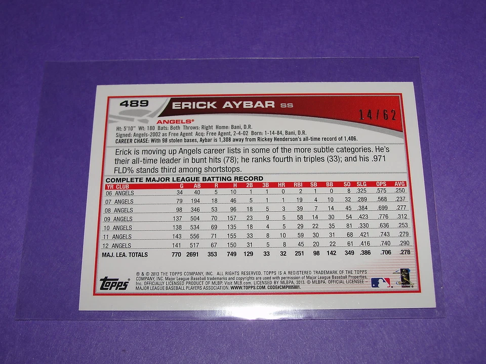 2013 Topps Update ERICK AYBAR #489 Gold Mini SP/63 Los Angeles ANGELS Anaheim - Image 2 of 2