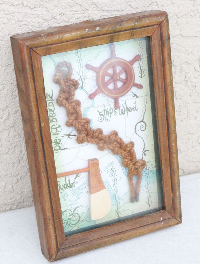 Picture Frame Shadow Box KNOTS Wheel Rudder Vintage Nautical Boat