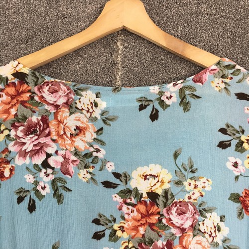 St Frock wrap dress size 14 blue floral midi short sleeve scoop neck cotton race - Picture 16 of 20