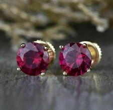 2Ct Lab-Created Ruby Solitaire Stud Earrings Screw Back 14K Yellow Gold Plated