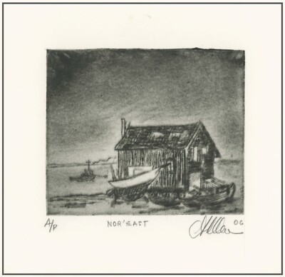 nor'easter NORTH EASTERN STORM / FISHING SHACK & BOATS;  Original ETCHING Signed