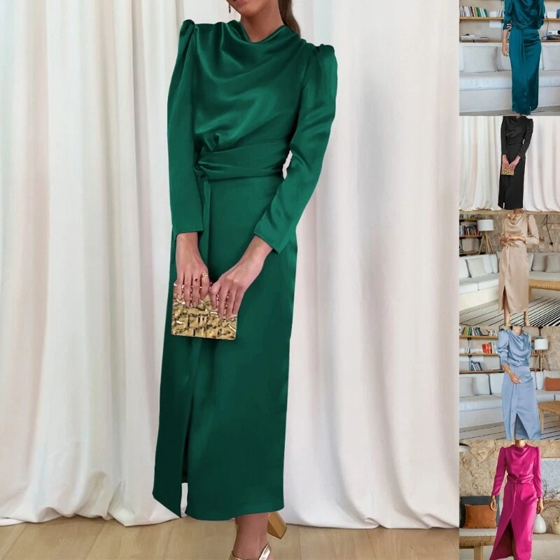 Women Elegant Satins Long Sleeve Cowl Neck High Waist Formal Cocktail Maxi Dress