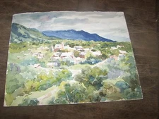 Original Watercolor By Peg Humphreys,The Village & Abstract Mountain 13.5" x 11"