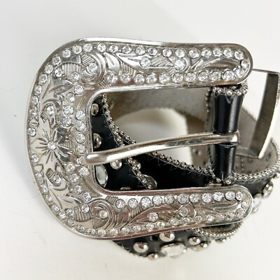 Western Cross Studded Jeweled Cross Rodeo Belt With Buckle Cross Rhinestone Studded Bling Black Leather Belt Western  main image 3
