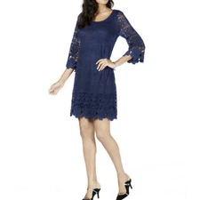 Alfani Womens Blue Crochet Laced 3/4 Sleeve Short Mini Sheath Dress Large NEW