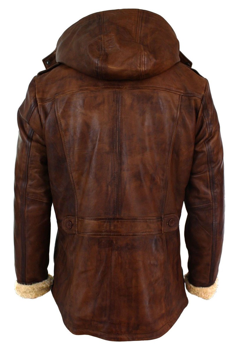 Men's Brown 3/4 Tan Hooded Safari Fur Winter Long Real Leather