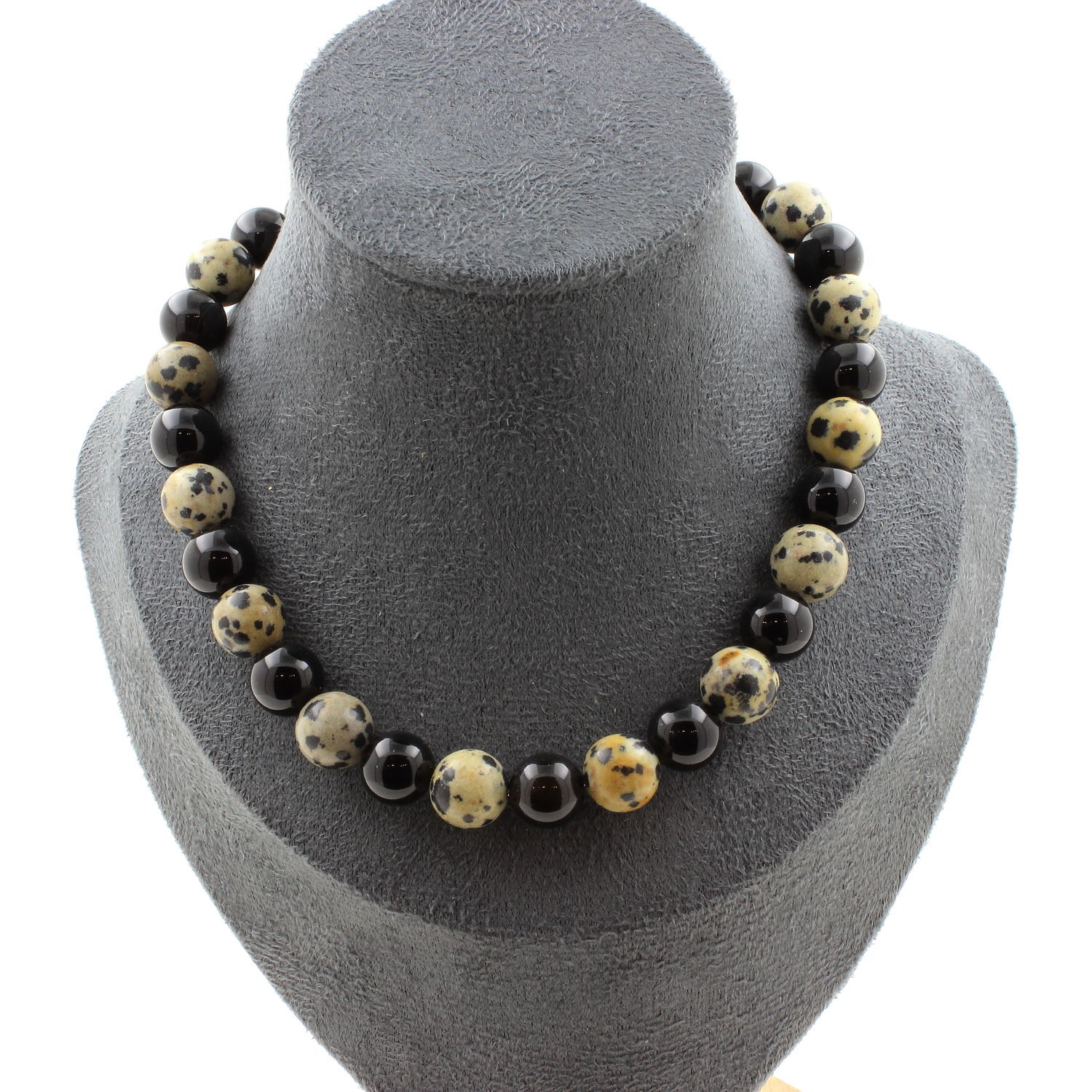 Collier perles Agate noire 10 mm et Jaspe Dalmatien anti-allergie femme