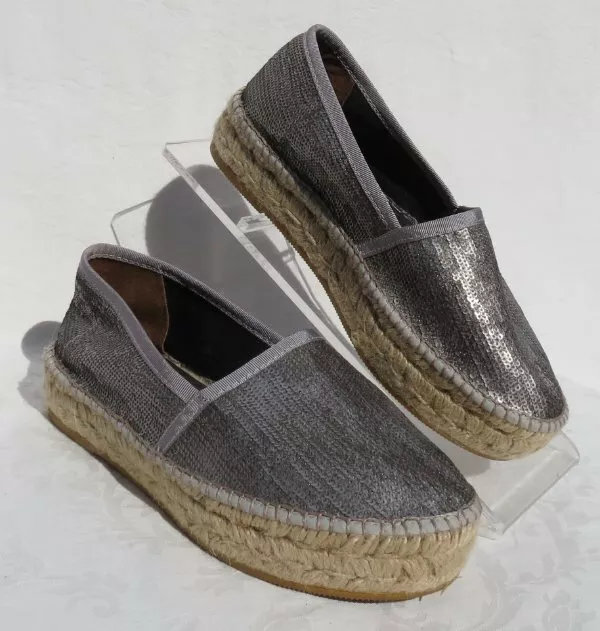 GAIMO Spain Silver Sequin Flatform Slip On TOMMY Espadrilles Shoes US 7.5 8 38