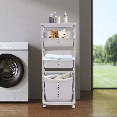 4-Tier Laundry Hamper Basket Sorter Clothes Storage Organizer Shelf Rolling Cart