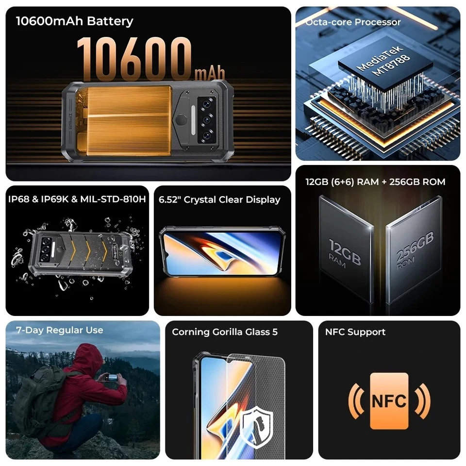 OUKITEL WP38 Rugged Phone Octa Core 10600mAh 12GB+256GB NFC 15W 13MP Android 13 - Image 2 of 4