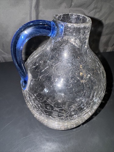 Blenko Crackle Glass Pitcher Vase Applied Blue Handle 8x5 - Picture 8 of 24