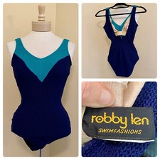 1970s Vintage Navy Teal Chevron One Piece Robbie Len Fashion Bathing Suit sz 10