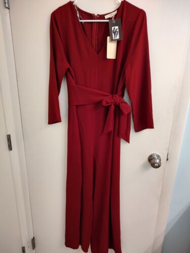 Entro Jumpsuit Women's Large Long Sleeve V-Neck Burgandy Polyester Wide Leg