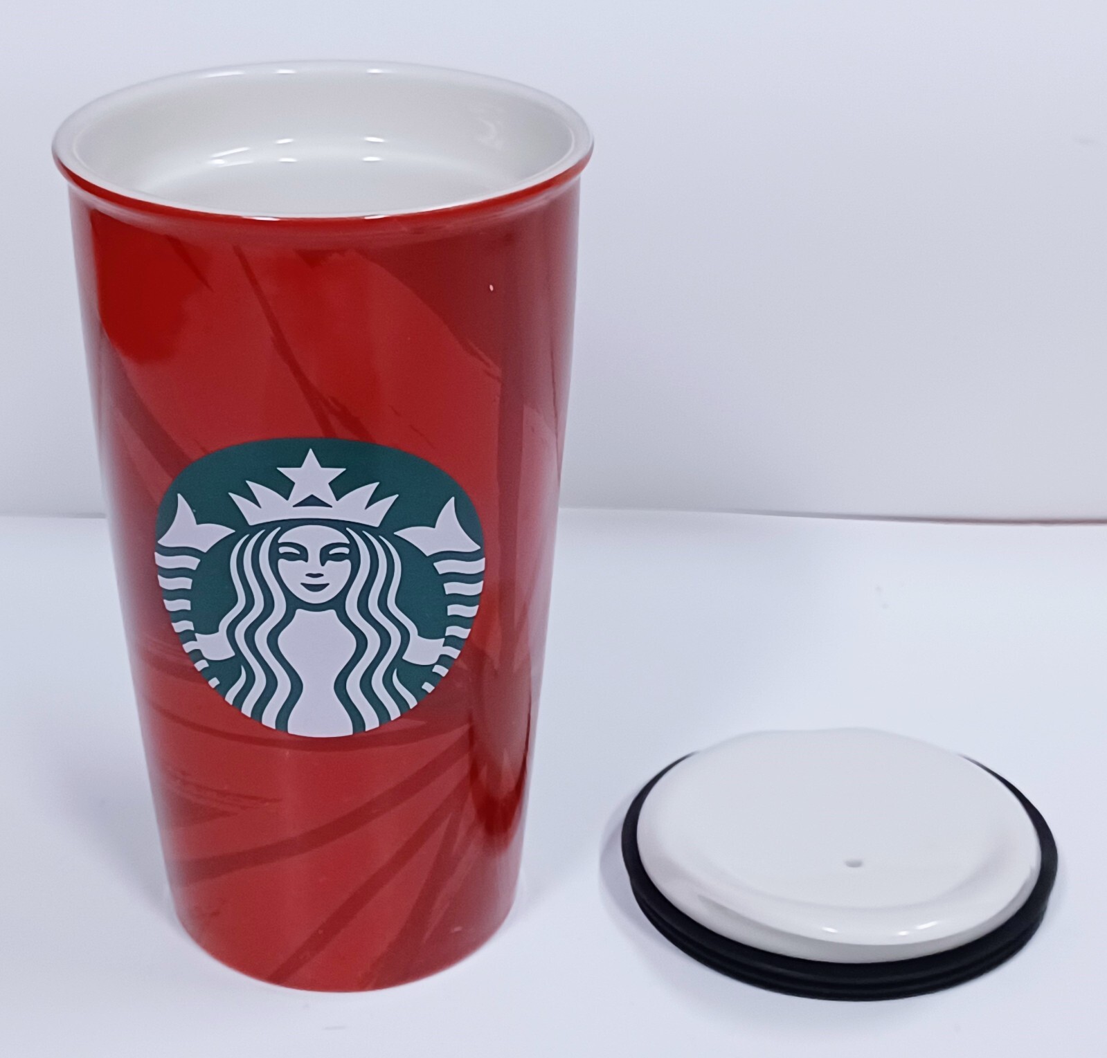 Starbucks 2014 Red Ceramic Tall Travel Mug w Lid Coffee Cup 12 oz eBay