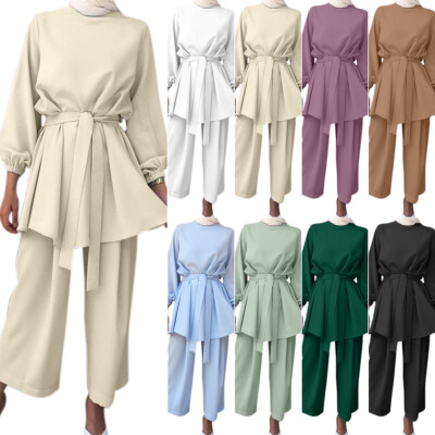 Dubai Muslim Women Outfits Long Sleeve Tops Pants Abaya Kaftan Casual 2pcs Sets
