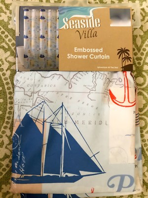 Ocean Shell Anchor Fabric SHOWER CURTAIN Stamp Ship Map Script Nautical 
