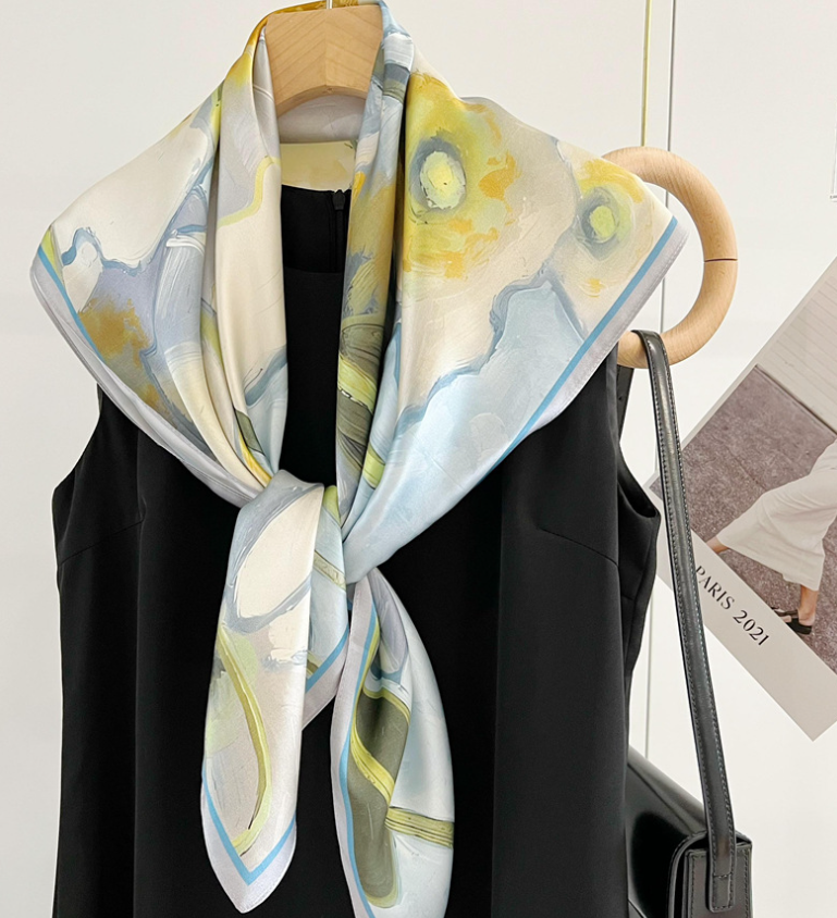 100% Silk Mulberry Scarf 35 Inch Womens Floral Neckerchief Wrap Yellow Flower Design