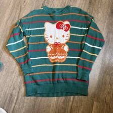 Girls Hello Kitty By Sanrio Sweater Pullover Green Striped Gingerbread Holiday S