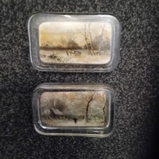 2x Vintage Glass Rectangle Paperweight of Country Scenes - Good & Collectible.