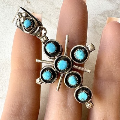 Zuni Cross Pendant Reversible Turquoise Red Coral Two Sided Sterling Native USA