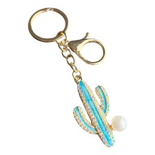 Women's Key Chain Gold Teal 4.5" Cactus Rhinestone Pearl Charm
