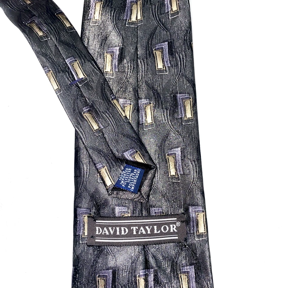 David Taylor Men’s Clip on Necktie Gunmetal Sage Gold Lavender Geo USA Tie - Image 4 of 4