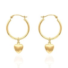14K Yellow Gold Shiny Hoop With Small Puff Heart Earrings